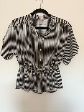 H&M Striped Black & White Peplum Button-Up Top XS
